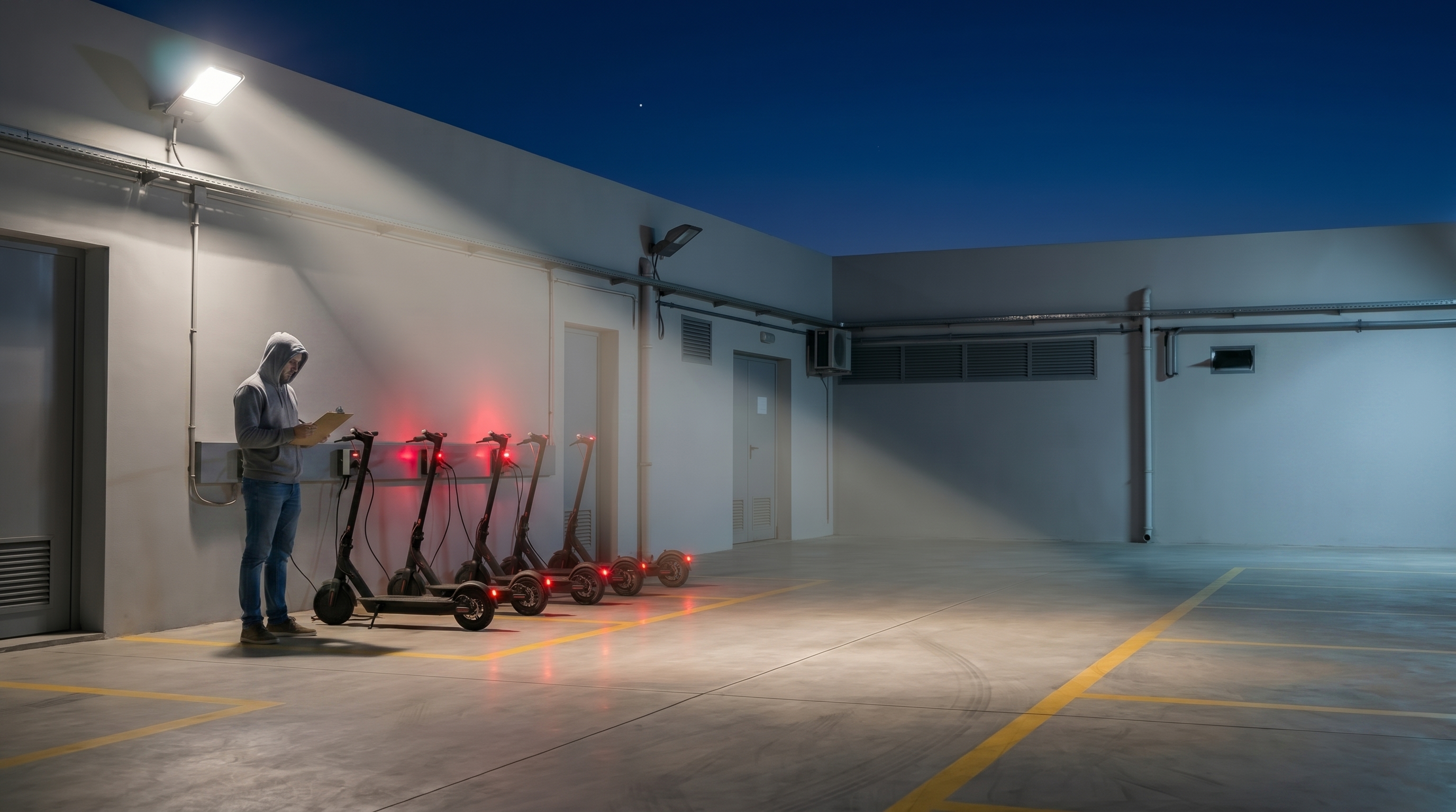 Operations technician inspecting Elyra scooters at a fleet hub at dawn.
