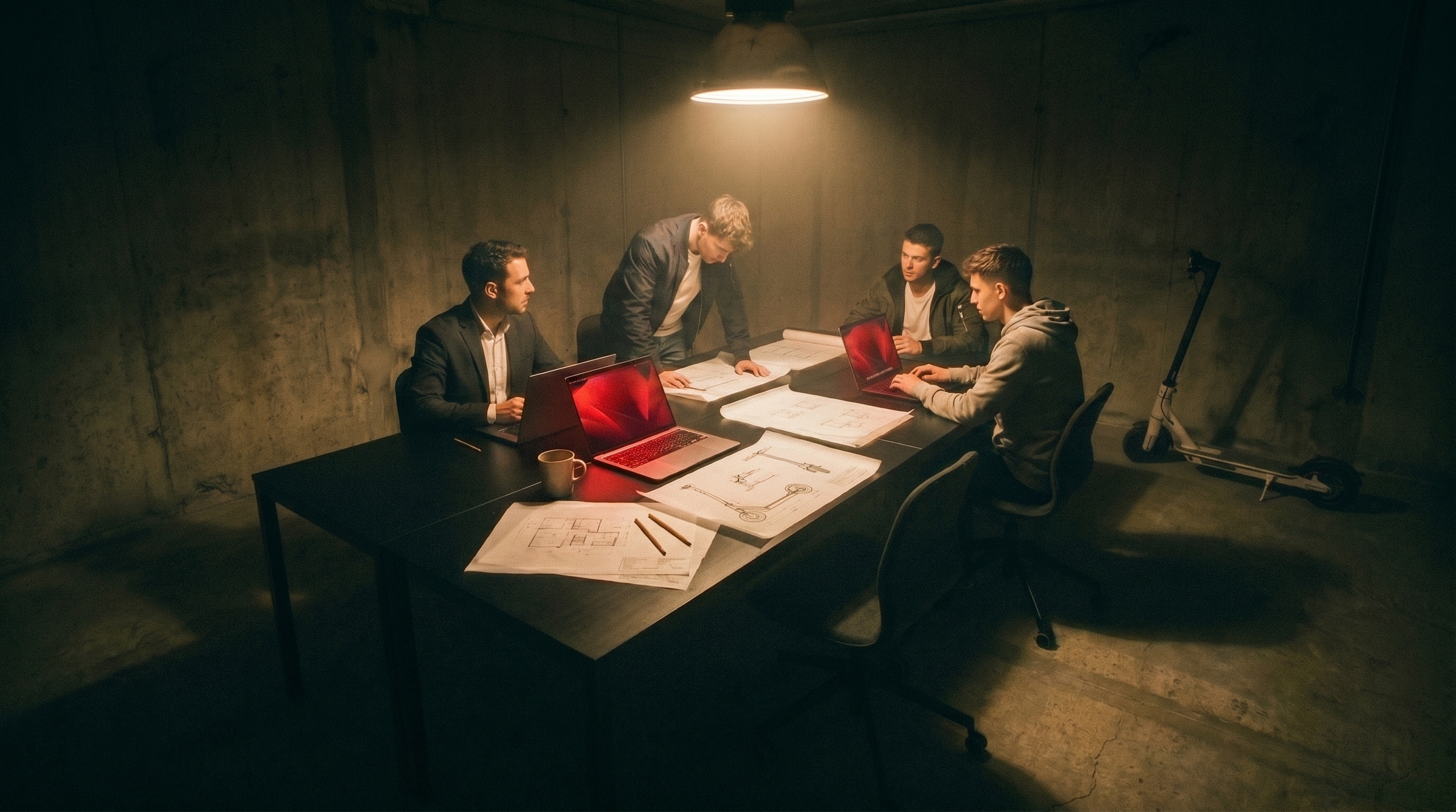 Four engineers around a low-lit table in the Rabat office