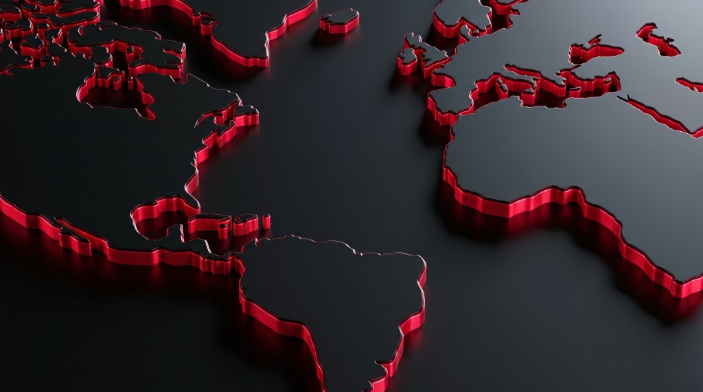 3D world map with continents in matte black and glowing red edges.
