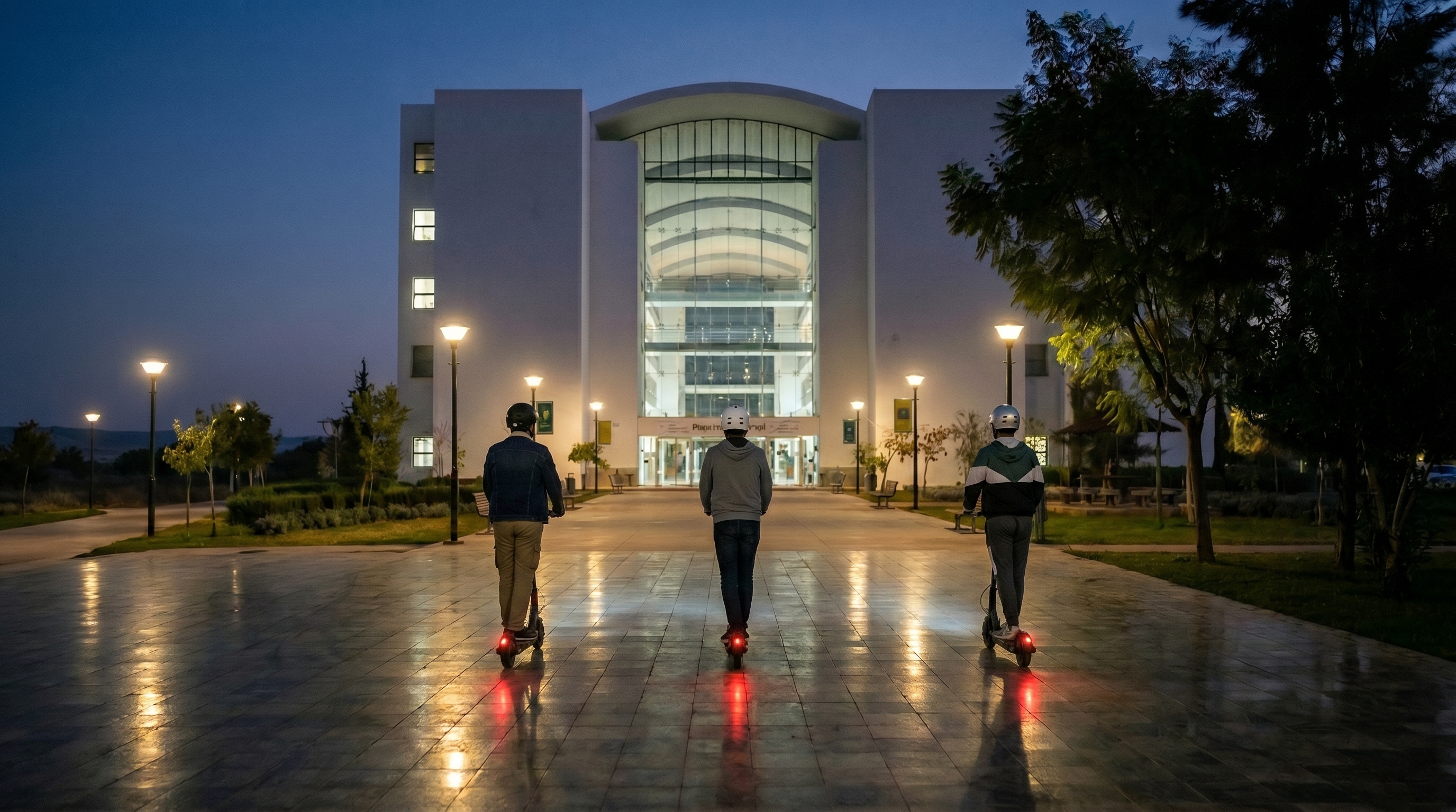 Riders gathered on the campus lawn at dusk with Elyra scooters.