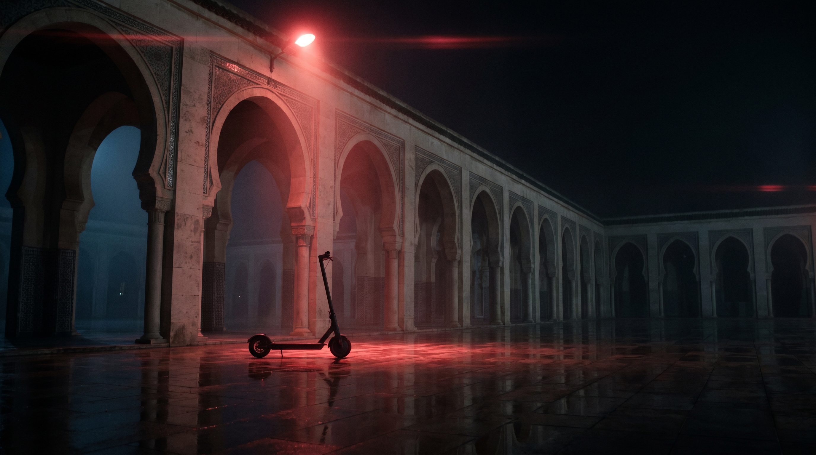 Elyra scooter parked in a long arched corridor at night, lit by warm overhead lamps.