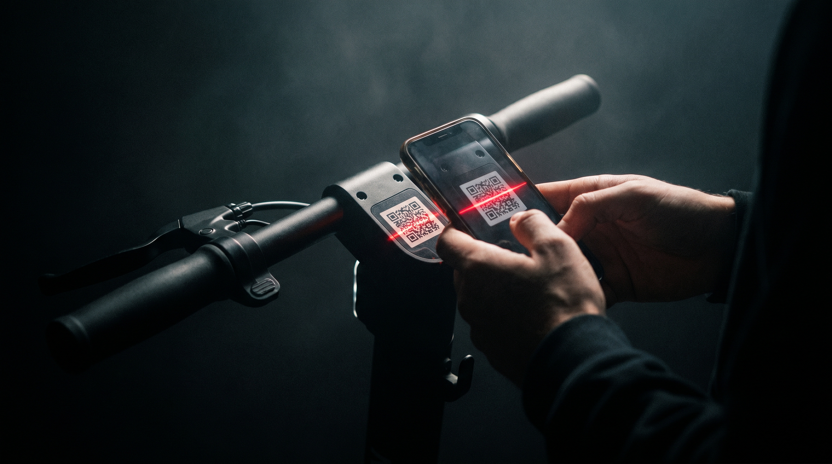 Phone scanning the QR code on a scooter handlebar