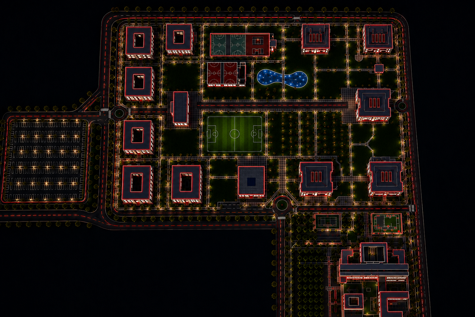 Aerial night masterplan of UIR Technopolis campus.